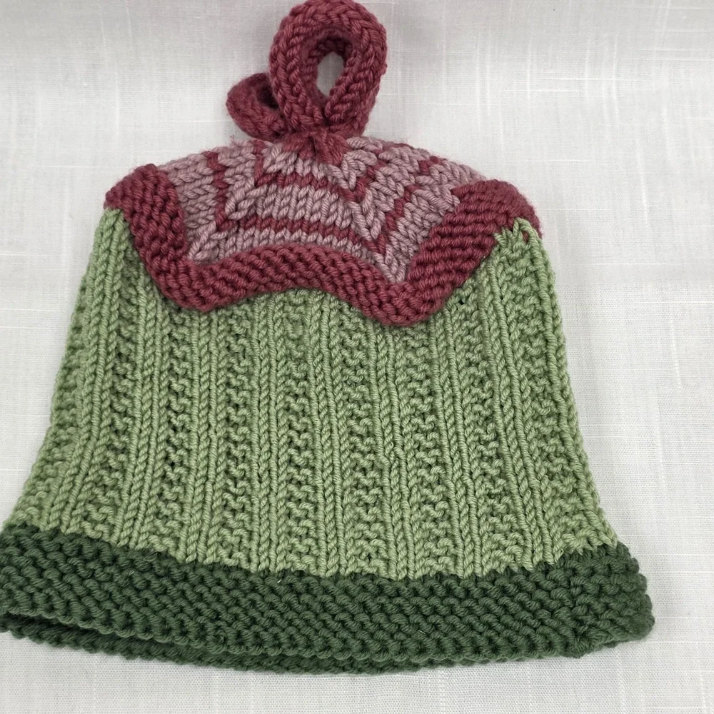 Baby Toddler Knit Hat Knotted Top Stretchy Beanie Green Pink Handmade Infant Cap